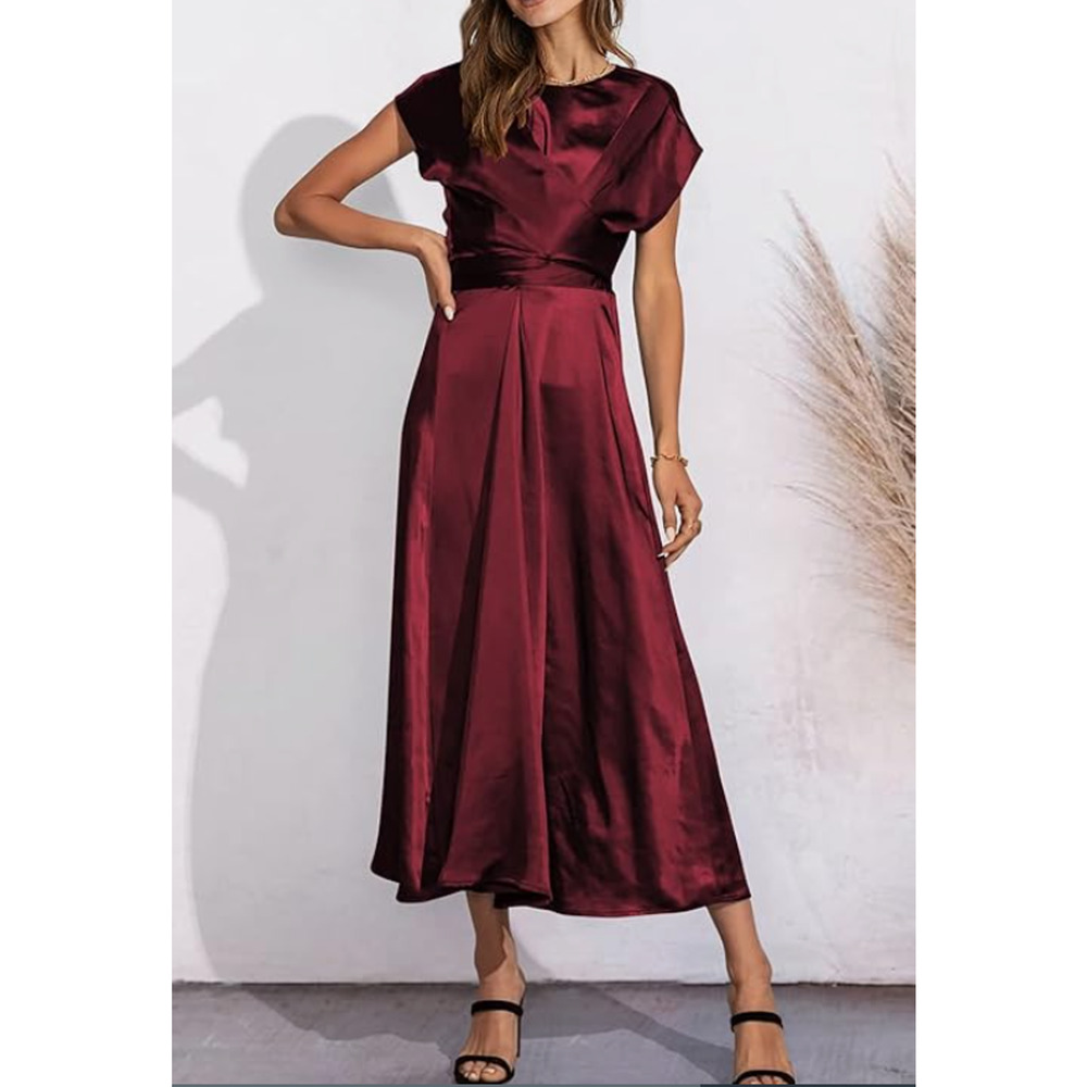 NWT Burgundy Dark Red Satin Midi Dress Sz XL Wrap Front Short Sleeves Tie Waist